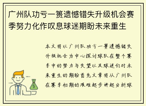 广州队功亏一篑遗憾错失升级机会赛季努力化作叹息球迷期盼未来重生